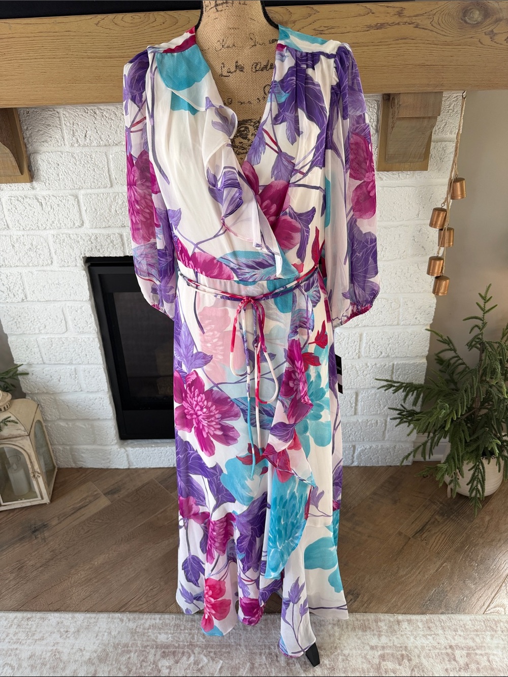 Maison Tara Multicolor Floral Maxi Wrap Dress in White, Purple & Teal
